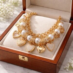 Chunky Gold and Pearl with Hearts Statement Necklace